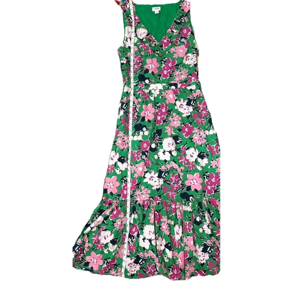 J. Crew Ruffle V-Neck Midi Dress Green Pink Size 2 Floral 100% Cotton Lined - Picture 8 of 9